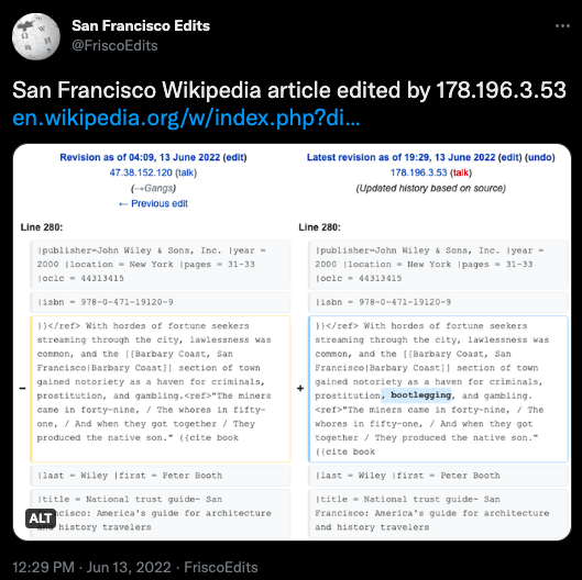 Screenshot from a FriscoEdits tweet. The tweet shows a before and after of a revision to the "San Francisco" Wikipedia page.