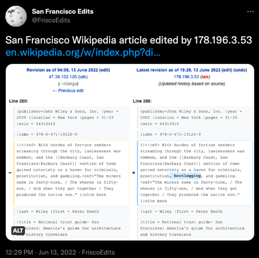 A screenshot of @FriscoEdits on Twitter, showing some text and a link, along with a screenshot from a Wikipedia diff.